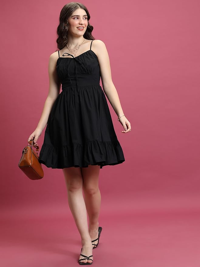 tokyo talkies women's sleeveless shoulder strap solid dresses | stylish| casual